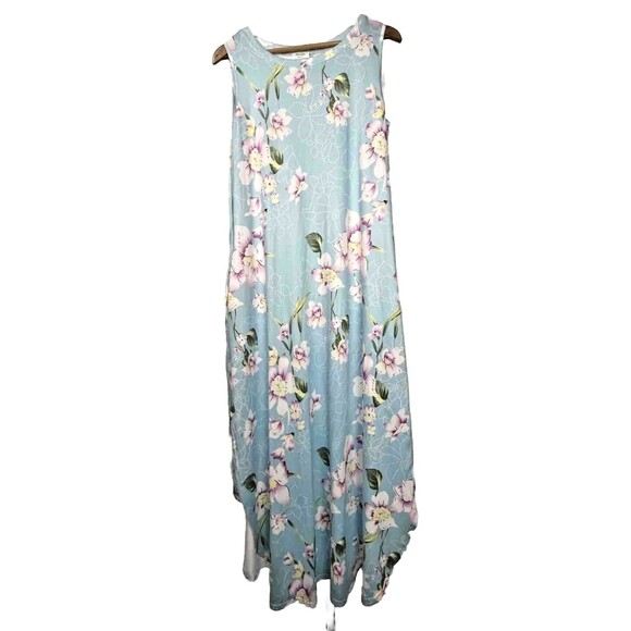 Hount Maxi Dress Blue Floral Tank Large Pockets Side Slits Stretch Sundress - Picture 3 of 9